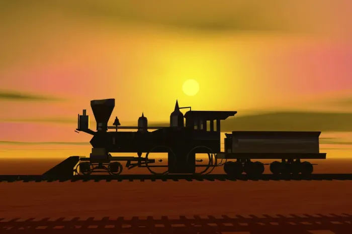Framed Print : Historic locomotive at sunset, silhouette, 3D graphics Framed Print : Historic locomotive at sunset, silhouette, 3D graphics