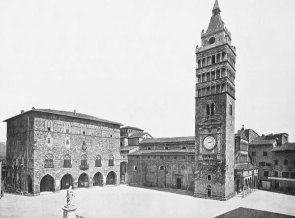 Historic photo (ca 1880) of Pistoia, Church of S. Giovanni Fuorcivitas, Cathedral bell tower on Piazza Duomo, Tuscany, Italy, Historic, digitally restored reproduction of a 19th century original, exact original date unknown
