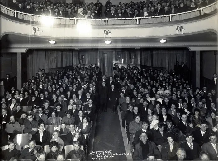 Framed Print : Historic photograph of audience posing for opening night of new movie theater, the Minor Theatre, in Arcata, California, December 3, 1914 Framed Print : Historic photograph of audience posing for opening night of new movie theater, the Minor Theatre, in Arcata, California, December 3, 1914