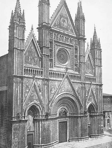 Historic photograph (c. 1880) of Orvieto, Cathedral of Orvieto, Duomo di Orvieto, Cattedrale di Santa Maria Assunta, a large 14th century Roman Catholic cathedral dedicated to the Assumption of the Virgin Mary, Umbria, Italy, Historic