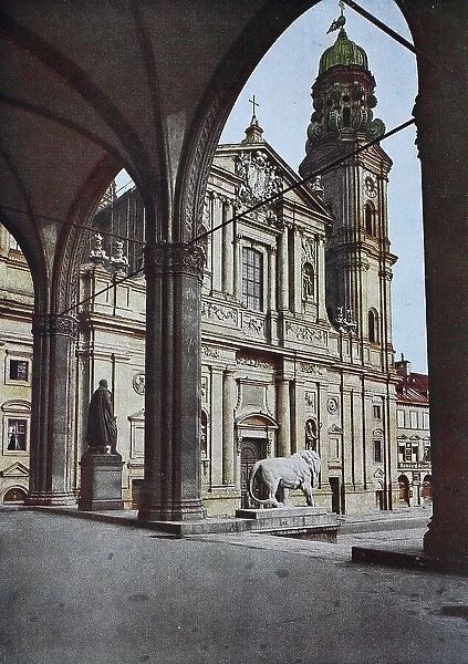 Historic photograph circa 1880 of the Feldherrnhalle and Theatine Church in Munich, Bavaria, Germany, historic, digitally restored reproduction of a 19th century original