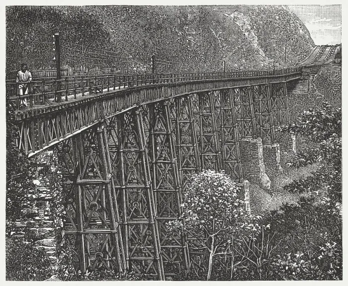 Framed Print : Historic railway bridge, near Santos, Brazil, wood engraving, published 1888 Framed Print : Historic railway bridge, near Santos, Brazil, wood engraving, published 1888