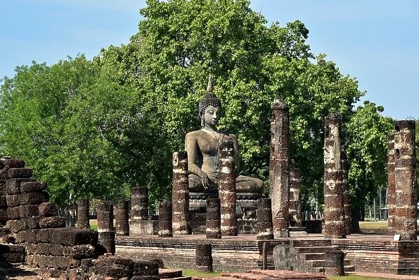 historic site with statue at Wat Mahathat temple Sukhothai Thailand, Asia