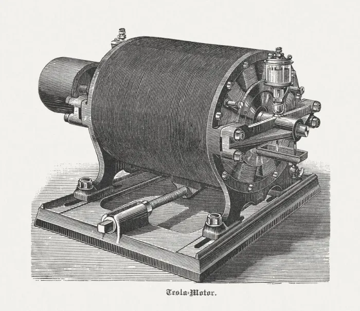 Framed Print : Historic Tesla motor with 12 Poles, wood engraving, published 1898 Framed Print : Historic Tesla motor with 12 Poles, wood engraving, published 1898