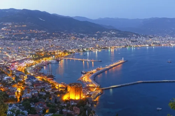 Framed Print : Historic town centre of Alanya with the port and Kizil Kule or Red Tower, view from Castle Hill, Alanya, Turkish Riviera, Province of Antalya, Mediterranean Region, Turkey