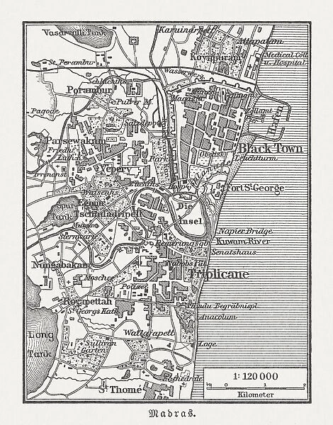 Historical city map Chennai (Madras), India, wood engraving, published 1897