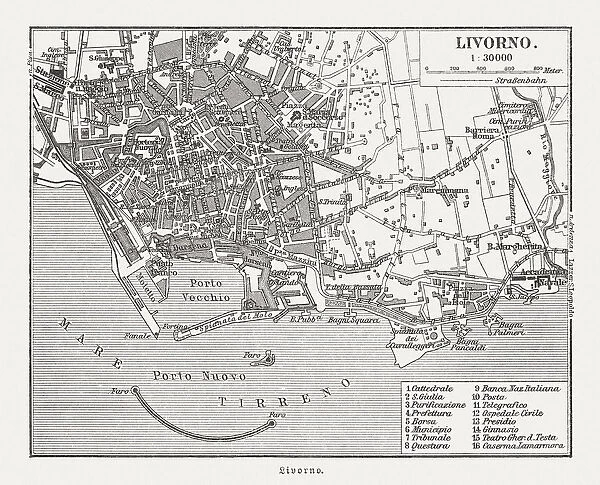 Historical city map of Livorno, Tuscany, Italy, woodcut, published 1897