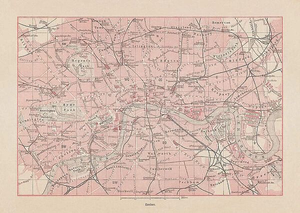Historical city map of London, England, lithograph, published 1893