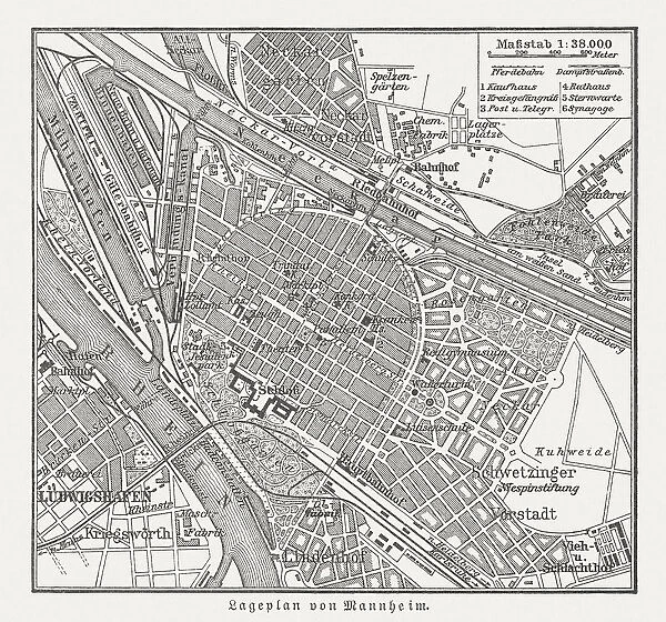 Historical city map of Mannheim, Baden-WAOErttemberg, Germany, woodcut, published 1897