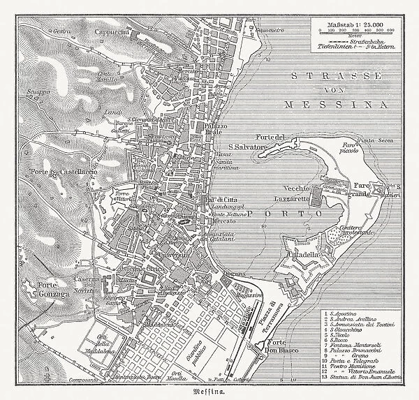 Historical city map of Messina, Italy, wood engraving, published 1897