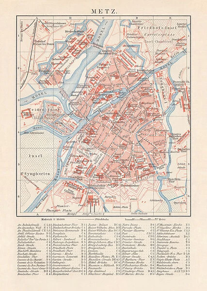 Historical city map of Metz, France, lithograph, published in 1897