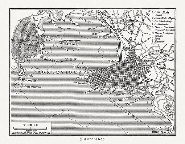 Historical city map of Montevideo, Uruguay, wood engraving, published 1897