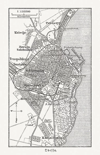 Historical city map of Odessa, Ukraine, wood engraving, published 1897