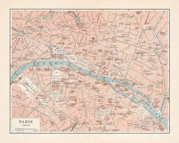 Historical city map of Paris, France, lithograph, published in 1897