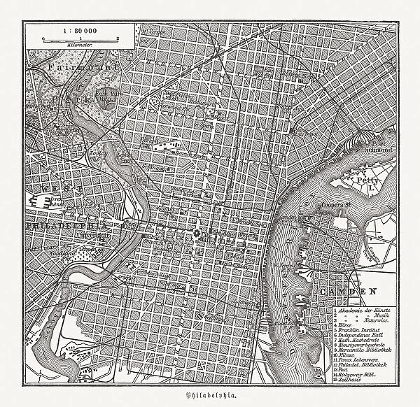 Historical city map of Philadelphia, Pennsylvania, USA, wood engraving, published in 1897