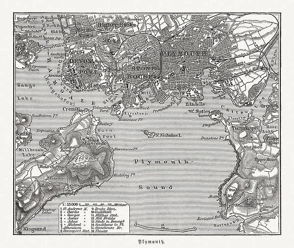 Historical city map of Plymouth, Devon, England, woodcut, published 1897