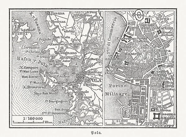 Historical city map of Pula, Istria County, Croatia, woodcut, published 1897