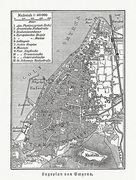 Historical city map of Smyrna (Izmir), Turkey, woodcut, published 1897