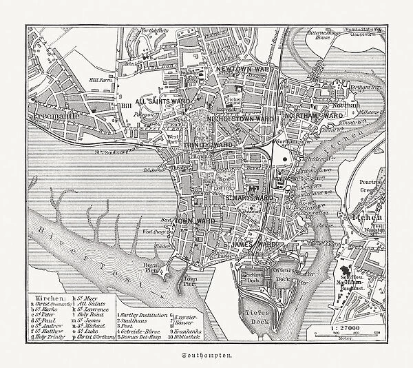 Historical city map of Southampton, Hampshire, England, woodcut, published 1897