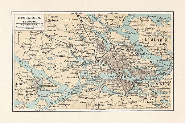 Historical city map of Stockholm and surroundings, Sweden, lithograph, 1897
