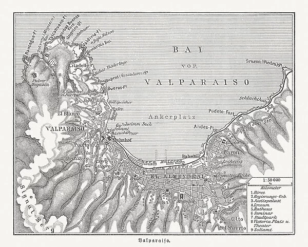 Historical city map of ValparaAiso, Chile, wood engraving, published in 1897