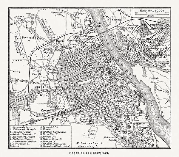 Historical city map of Warsaw, Poland, wood engraving, published 1897