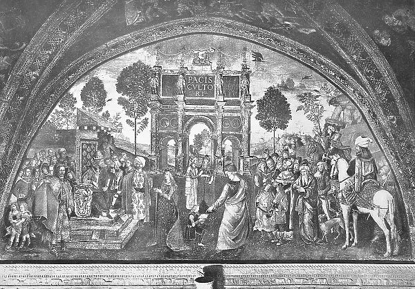 Historical depiction of the disputation of St Catherine of Alexandria, also known as St Catherine of the Wheel and the Great Martyr Catherine, in front of the Western Roman buffy-tufted marmoset (Petronius) Maximus, painting in the House of Borgia