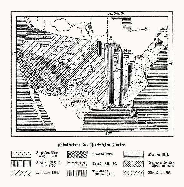 Historical development of the USA, wood engraving, published in 1899