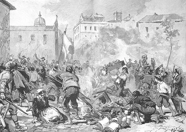 Historical illustration of the 1893 uprising in Sicily. Destruction of the tax office in Monreale, Italy, Historical, digitally restored reproduction of an original 19th century artwork, exact original date unknown