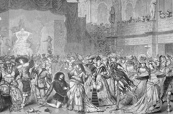 Historical illustration of the costume party or carnival party of artists in Berlin, Germany, Historical, digitally restored reproduction of an original 19th century artwork, exact original date unknown