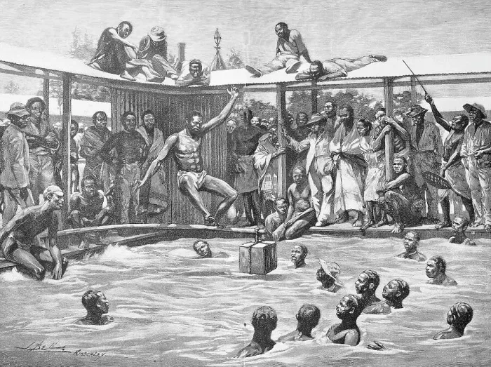 Framed Print : Historical illustration of a game in the water, made by natives, Kimberley, South Africa, Historical, digitally restored reproduction of an original 19th century artwork, exact original date unknown Framed Print : Historical illustration of a game in the water, made by natives, Kimberley, South Africa, Historical, digitally restored reproduction of an original 19th century artwork, exact original date unknown