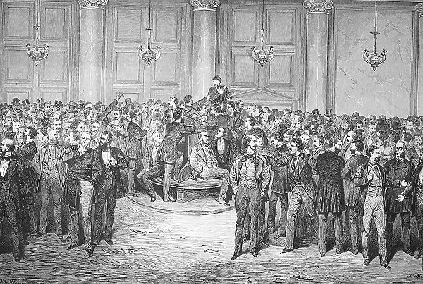 Historical illustration of the lunch break at the stock exchange in Berlin, Germany, bankers, stock exchange traders, businessmen standing together, Historical, digitally restored reproduction of an original artwork from the 19th century