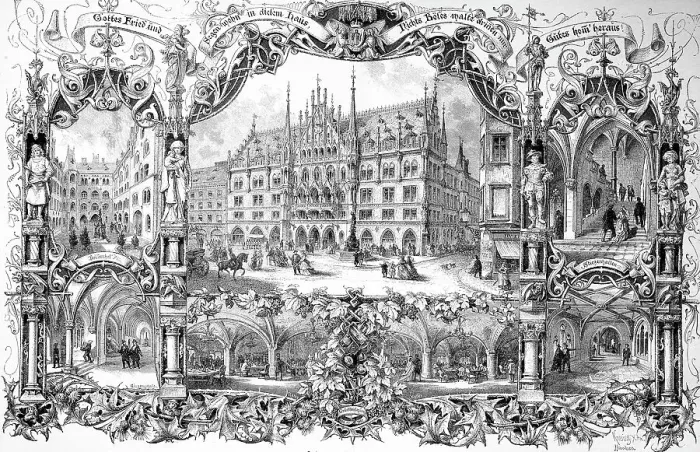 Framed Print : Historical illustration of the new town hall of Munich, Bavaria, Germany, Historical, digitally restored reproduction of an original artwork from the 19th century, exact original date unknown Framed Print : Historical illustration of the new town hall of Munich, Bavaria, Germany, Historical, digitally restored reproduction of an original artwork from the 19th century, exact original date unknown