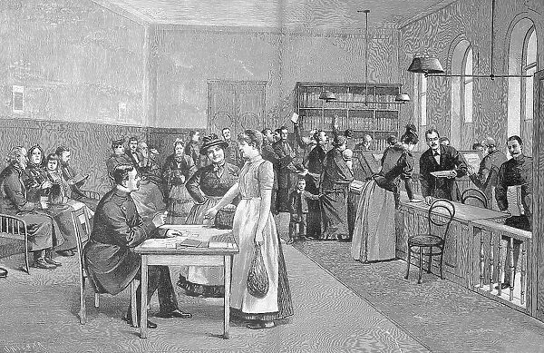 Historical illustration of a situation in the Savings Bank Berlin, around 1880, Germany, people and bank employees, Historical, digitally restored reproduction of a 19th century original, exact original date unknown