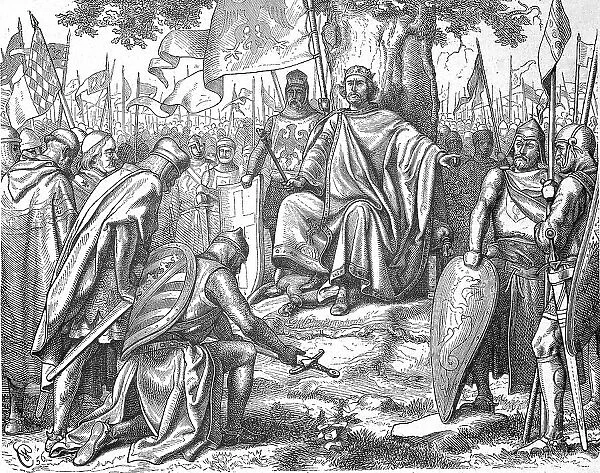 Historical illustration of the subjugation of the Saxon princes in Spira, today Speyer, Germany, 1075, Historical, digitally restored reproduction of a 19th century original, exact original date not known