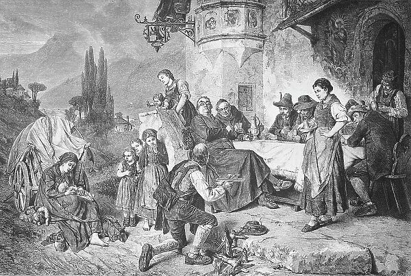 Historical illustration of a travelling merchant with crosses, crucifixes, Lord God merchant offering the crucifixes to people sitting in front of an inn, Bavaria, Germany, Historical, digitally restored reproduction of a 19th century original