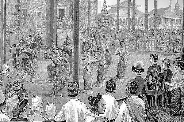 Historical image of the Government Palace of Mandalay, Burma, Myanmar, with a pantomime show for the visitors, Historical, digitally restored reproduction of an original 19th century artwork, exact original date unknown