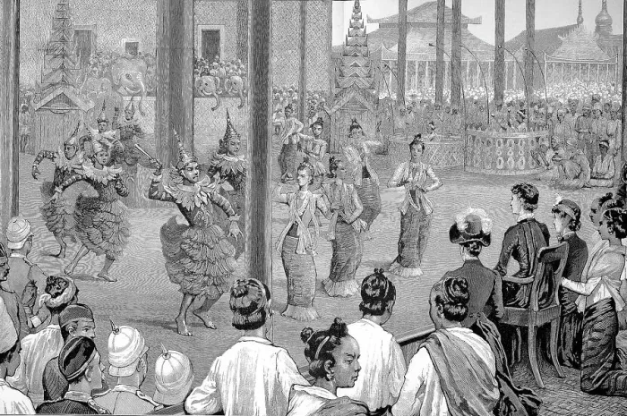 Framed Print : Historical image of the Government Palace of Mandalay, Burma, Myanmar, with a pantomime show for the visitors, Historical, digitally restored reproduction of an original 19th century artwork, exact original date unknown Framed Print : Historical image of the Government Palace of Mandalay, Burma, Myanmar, with a pantomime show for the visitors, Historical, digitally restored reproduction of an original 19th century artwork, exact original date unknown