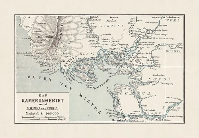 Framed Print : Historical map of Cameroon, lithograph, published in 1893 Framed Print : Historical map of Cameroon, lithograph, published in 1893
