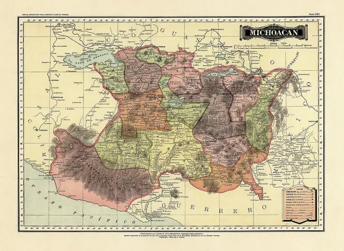 Framed Print : Historical Map of the Country of Mexico, Published in 1885. Estados Unidos Mexicanos, Michoacan Framed Print : Historical Map of the Country of Mexico, Published in 1885. Estados Unidos Mexicanos, Michoacan