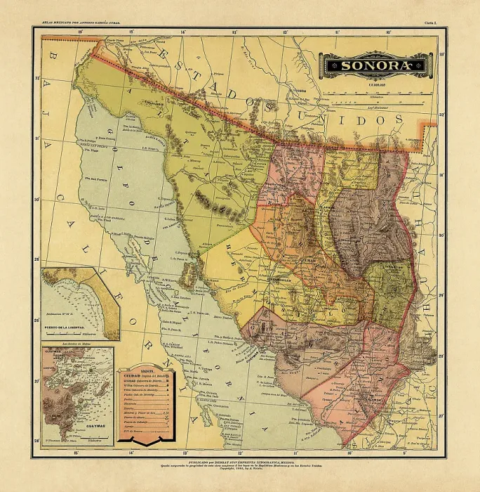Framed Print : Historical Map of the Country of Mexico, Published in 1885. Estados Unidos Mexicanos, Sonora Framed Print : Historical Map of the Country of Mexico, Published in 1885. Estados Unidos Mexicanos, Sonora