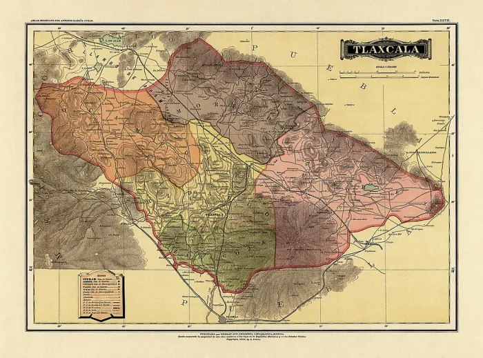 Framed Print : Historical Map of the Country of Mexico, Published in 1885. Estados Unidos Mexicanos, Tlaxcala