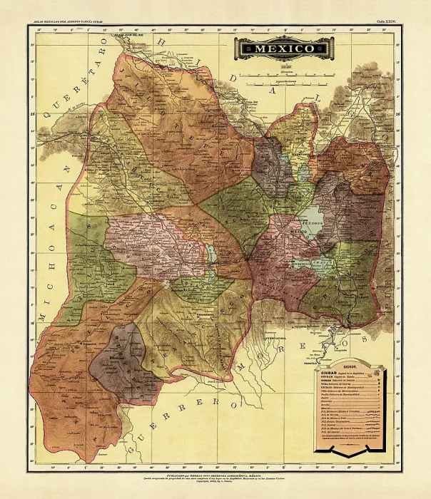 Framed Print : Historical Map of the Country of Mexico, Published in 1885. Estados Unidos Mexicanos, Mexico Framed Print : Historical Map of the Country of Mexico, Published in 1885. Estados Unidos Mexicanos, Mexico