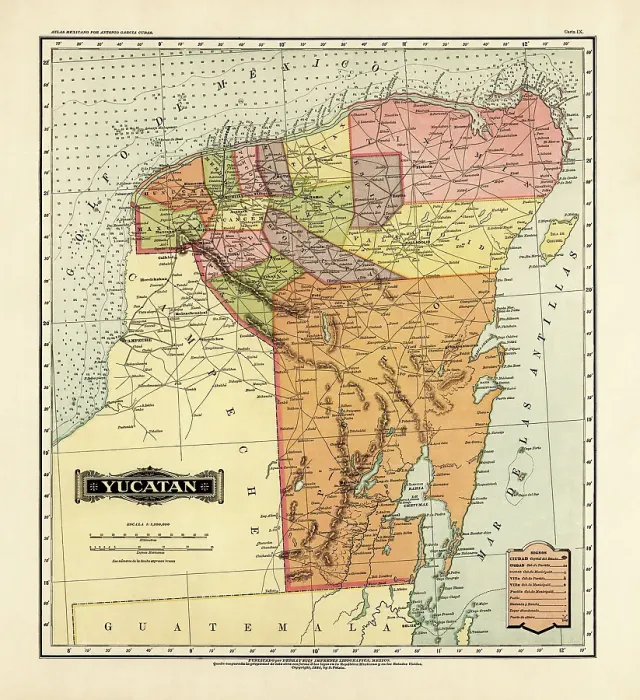 Framed Print : Historical Map of the Country of Mexico, Published in 1885. Estados Unidos Mexicanos, Yucatan