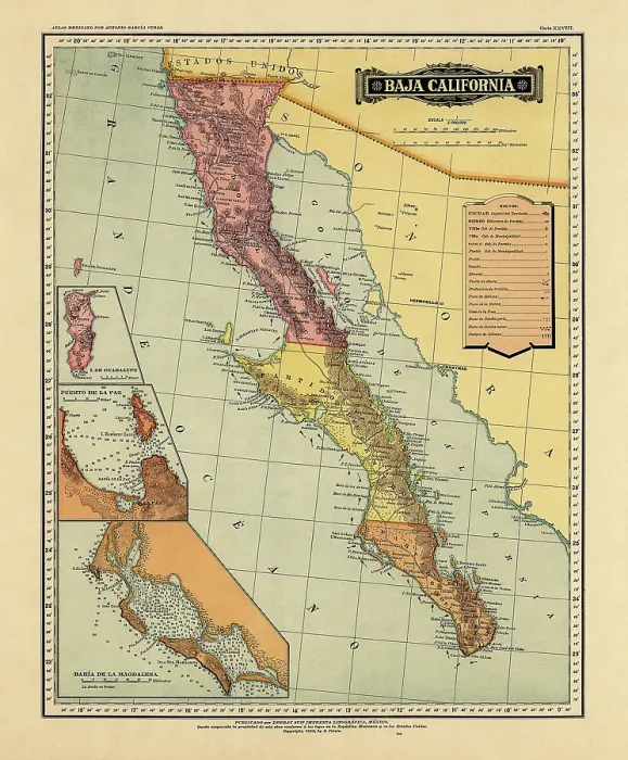 Framed Print : Historical Map of the Country of Mexico, Published in 1885. Estados Unidos Mexicanos, Baja California Framed Print : Historical Map of the Country of Mexico, Published in 1885. Estados Unidos Mexicanos, Baja California