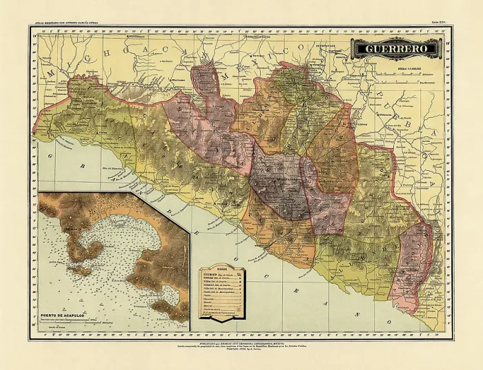 Framed Print : Historical Map of the Country of Mexico, Published in 1885. Estados Unidos Mexicanos, Guerrero Framed Print : Historical Map of the Country of Mexico, Published in 1885. Estados Unidos Mexicanos, Guerrero