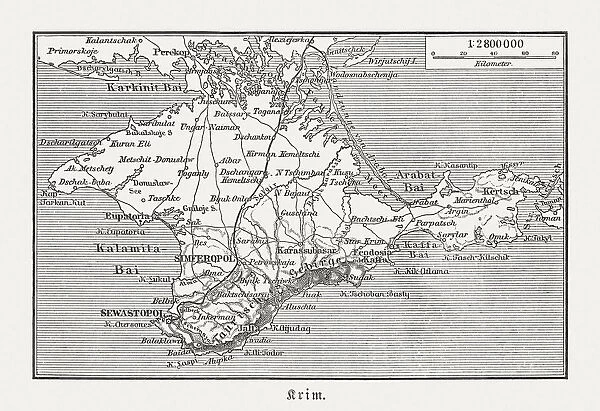 Historical map of Crimea (Ukraine  /  Russia), wood engraving, published in 1897
