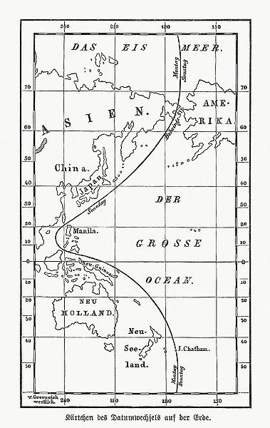Historical map with the date line, wood engraving, published 1893