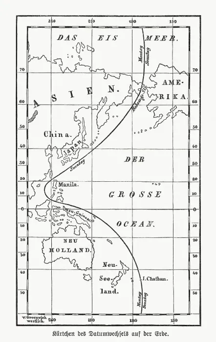 Framed Print : Historical map with the date line, wood engraving, published 1893