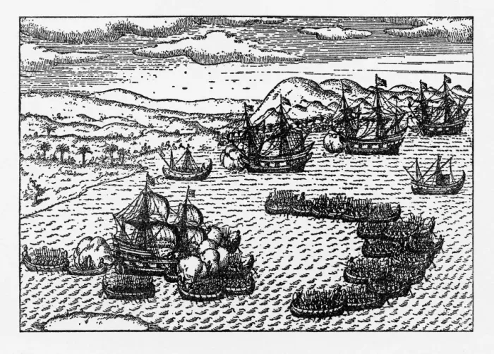 Framed Print : Historical Map of Dutch Navigators Battle in Portugal Illustration Framed Print : Historical Map of Dutch Navigators Battle in Portugal Illustration